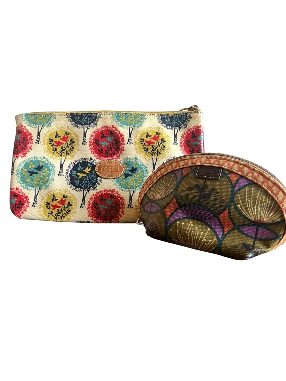Fossil Vintage Key-Per Coated Canvas Cosmetic Pouch Makeup Bag Case Set
